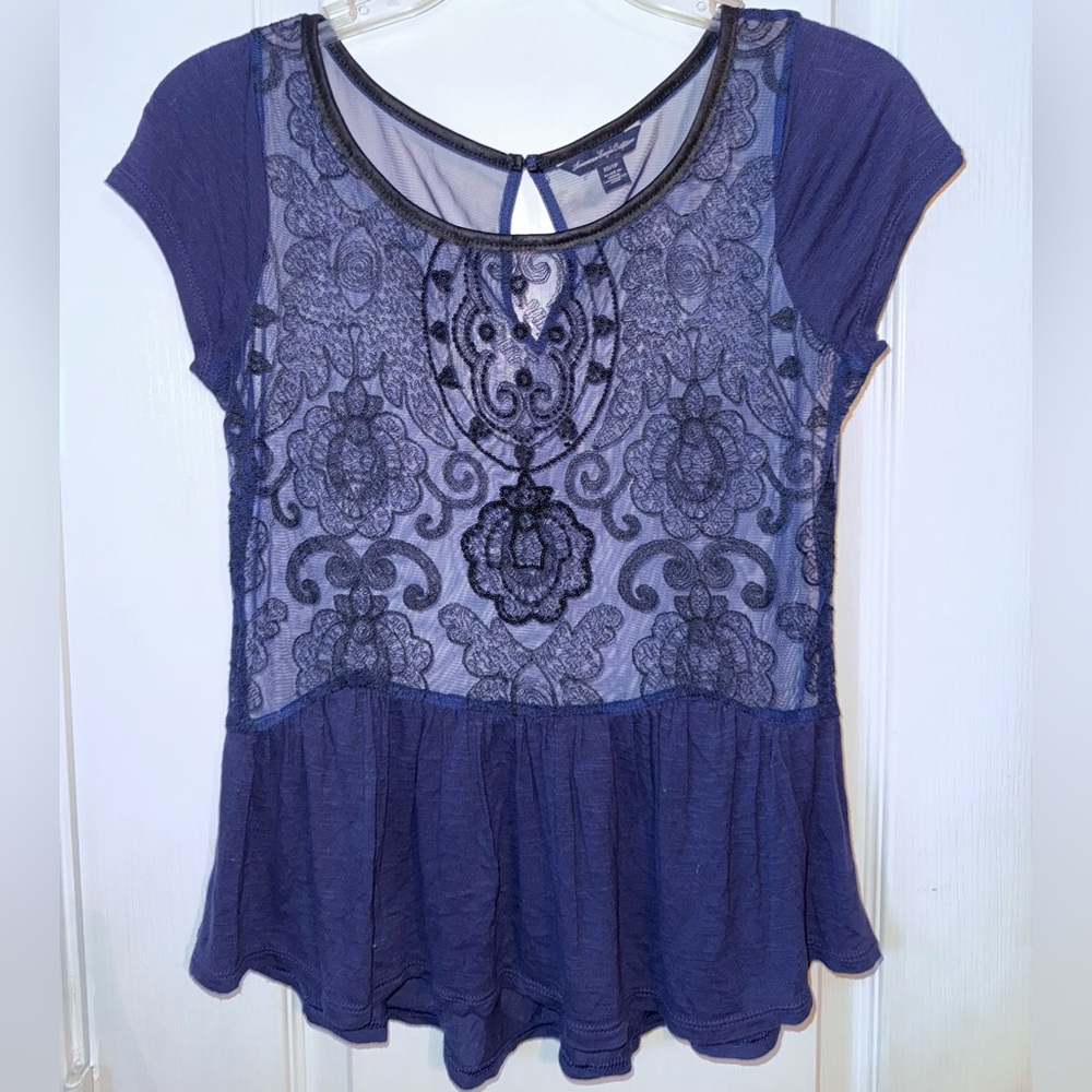 American Eagle Beaded Lace Peplum Top Purple Y2K Size XS